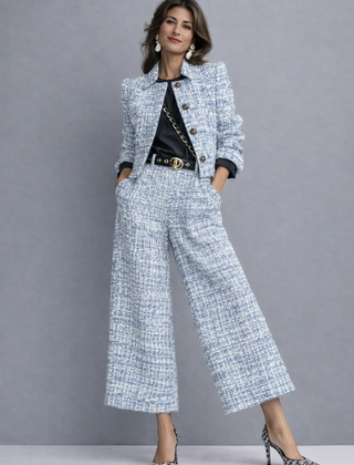Tweed two-piece set with cropped jacket and high-waisted wide-leg trousers
