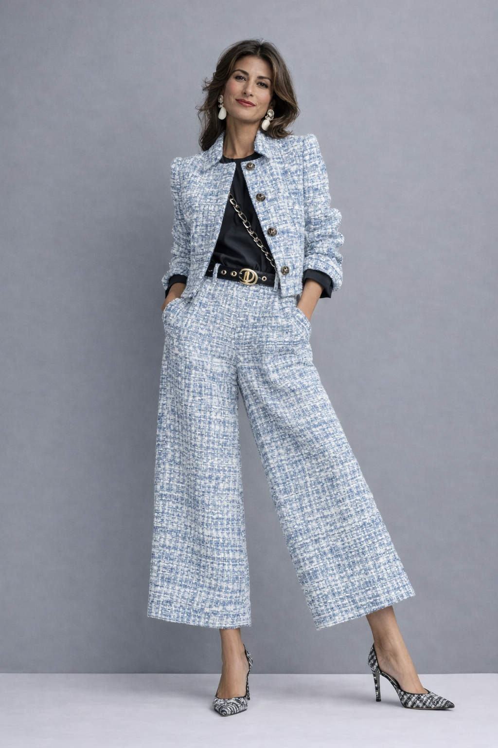 Tweed two-piece set with cropped jacket and high-waisted wide-leg trousers