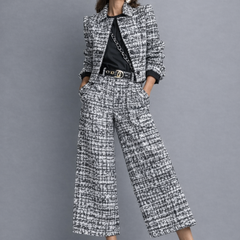 Tweed two-piece set with cropped jacket and high-waisted wide-leg trousers