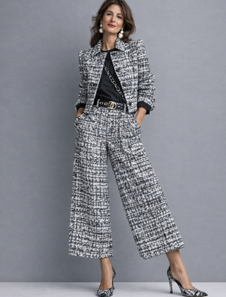 Tweed two-piece set with cropped jacket and high-waisted wide-leg trousers