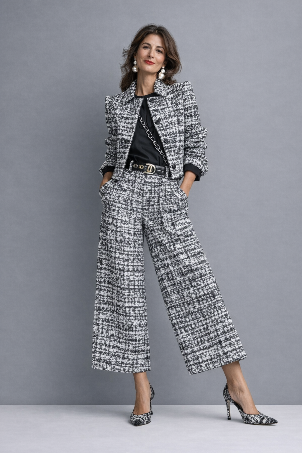 Tweed two-piece set with cropped jacket and high-waisted wide-leg trousers