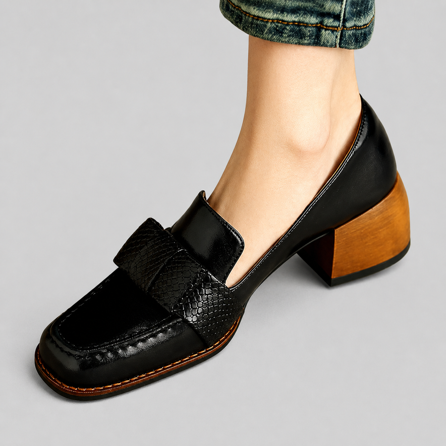 Contessa buckle loafers with square toe and block heel in black and brown