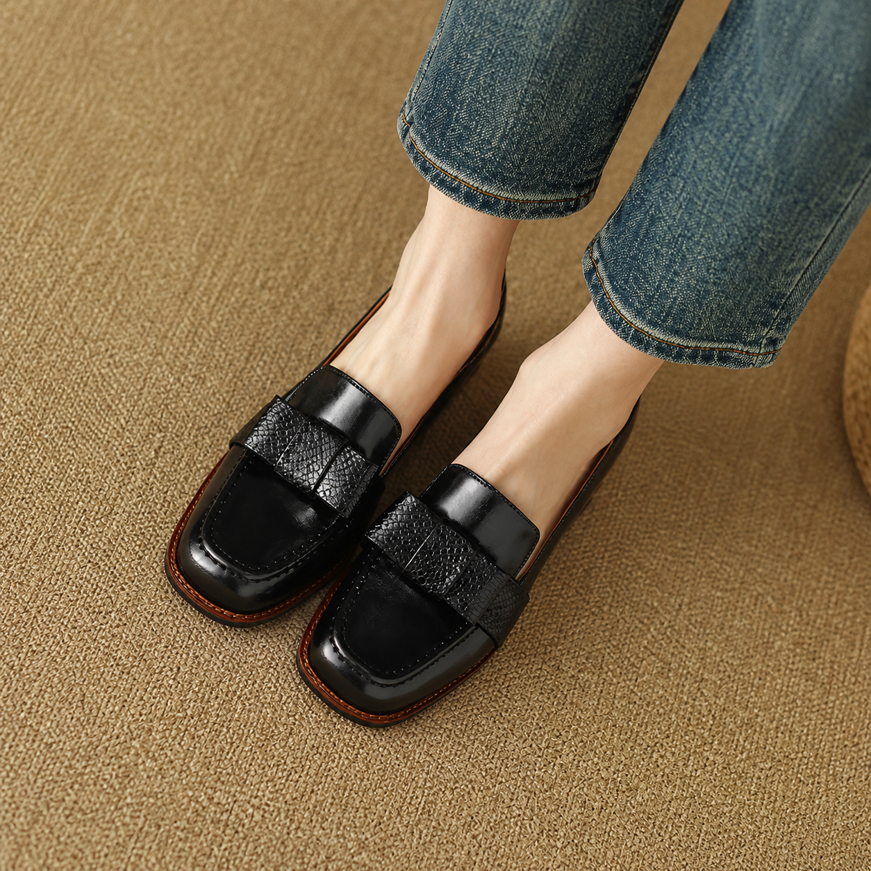 Contessa buckle loafers with square toe and block heel in black and brown