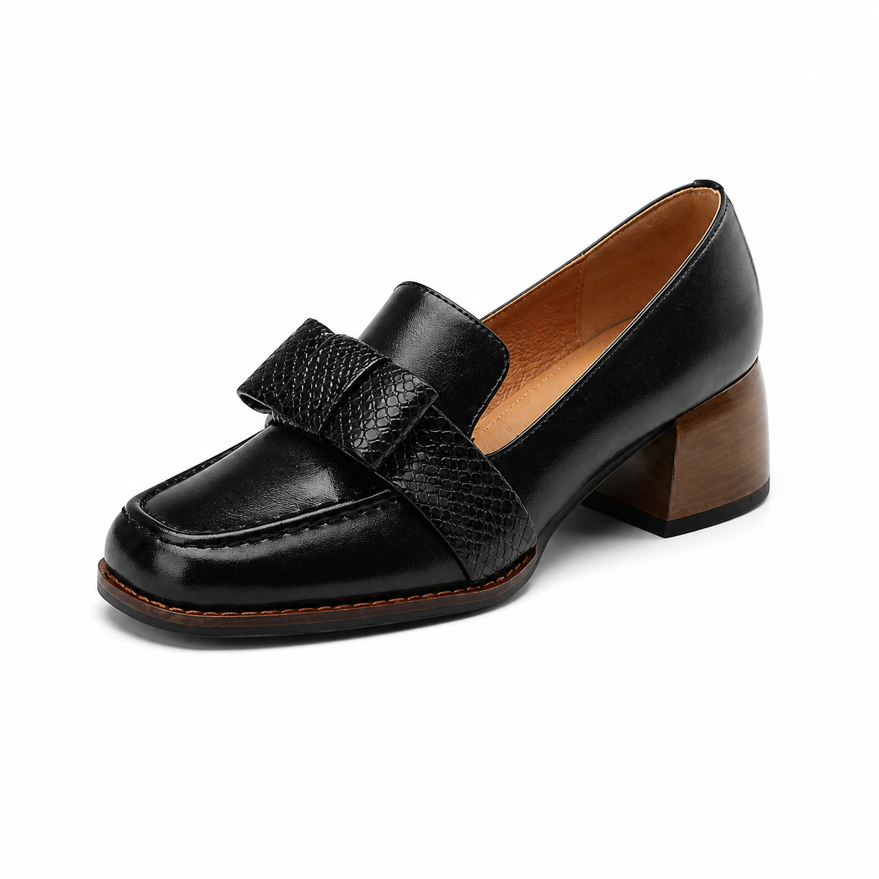 Contessa buckle loafers with square toe and block heel in black and brown