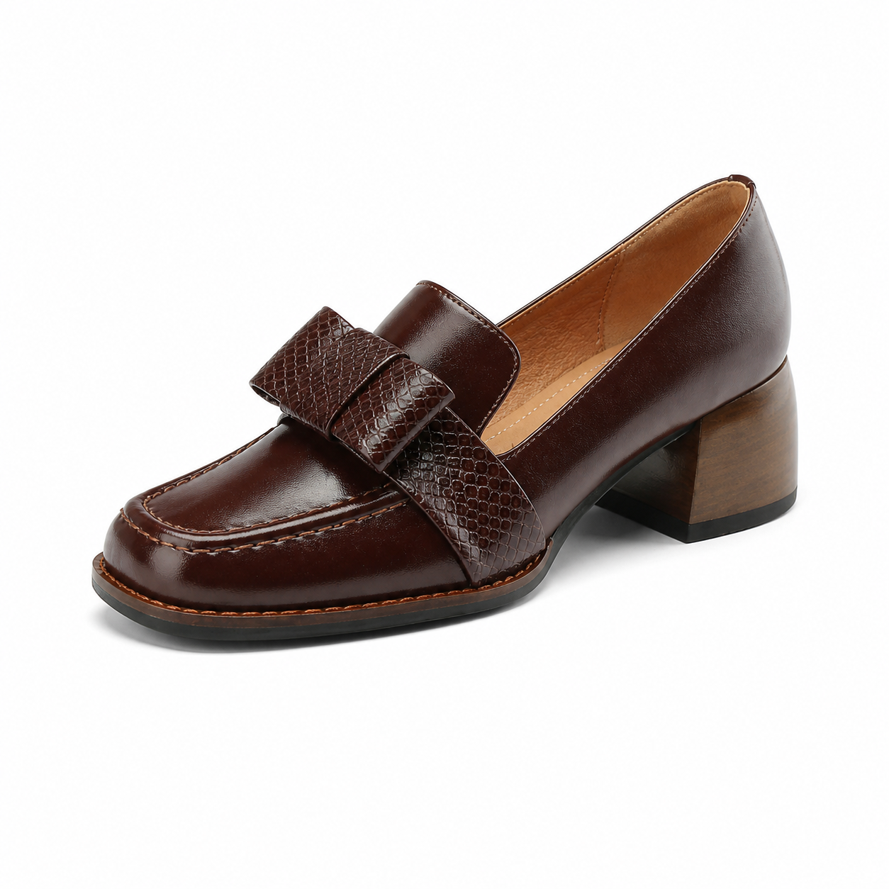 Contessa buckle loafers with square toe and block heel in black and brown
