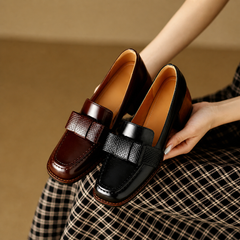 Contessa buckle loafers with square toe and block heel in black and brown