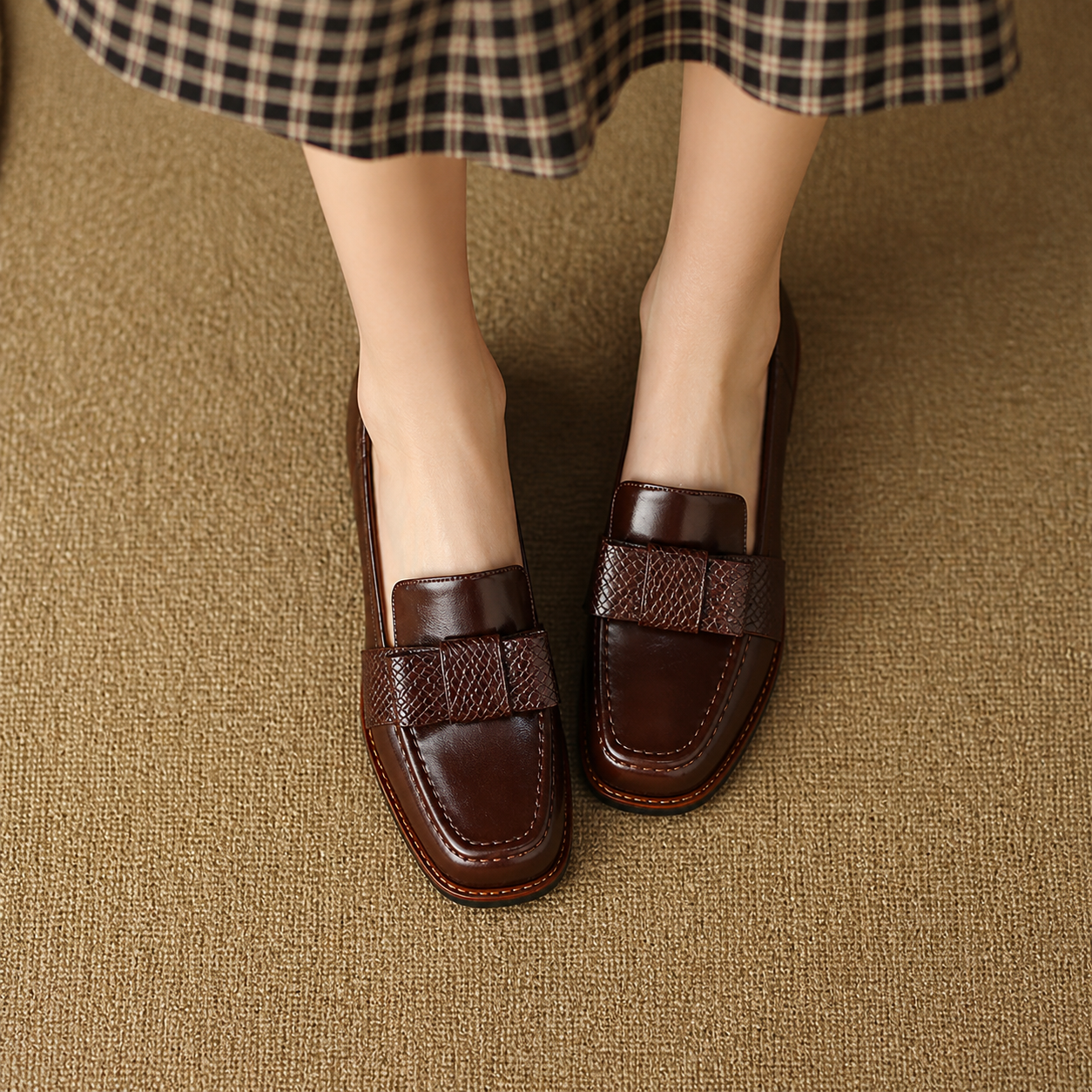 Contessa buckle loafers with square toe and block heel in black and brown