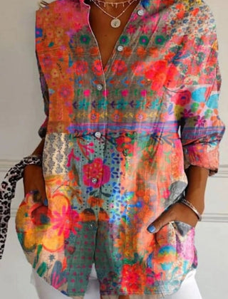 Multicolor floral and geometric long sleeve button-up tunic blouse with shirt collar