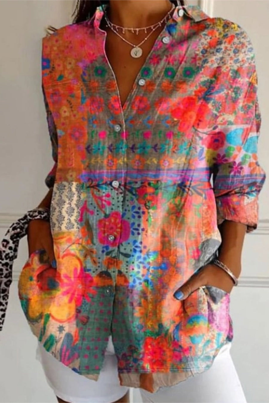 Multicolor floral and geometric long sleeve button-up tunic blouse with shirt collar