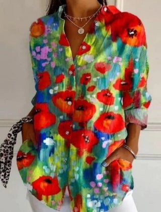Multicolor floral button-up long sleeve tunic blouse with shirt collar