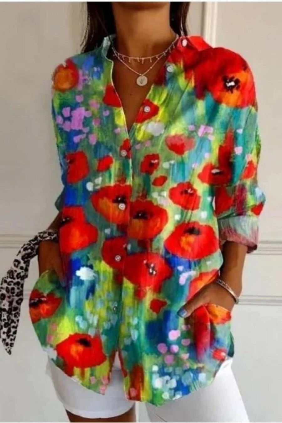 Multicolor floral button-up long sleeve tunic blouse with shirt collar