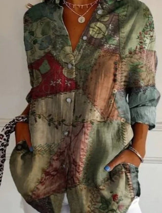 Multicolour floral button-up long sleeve tunic blouse with classic shirt collar