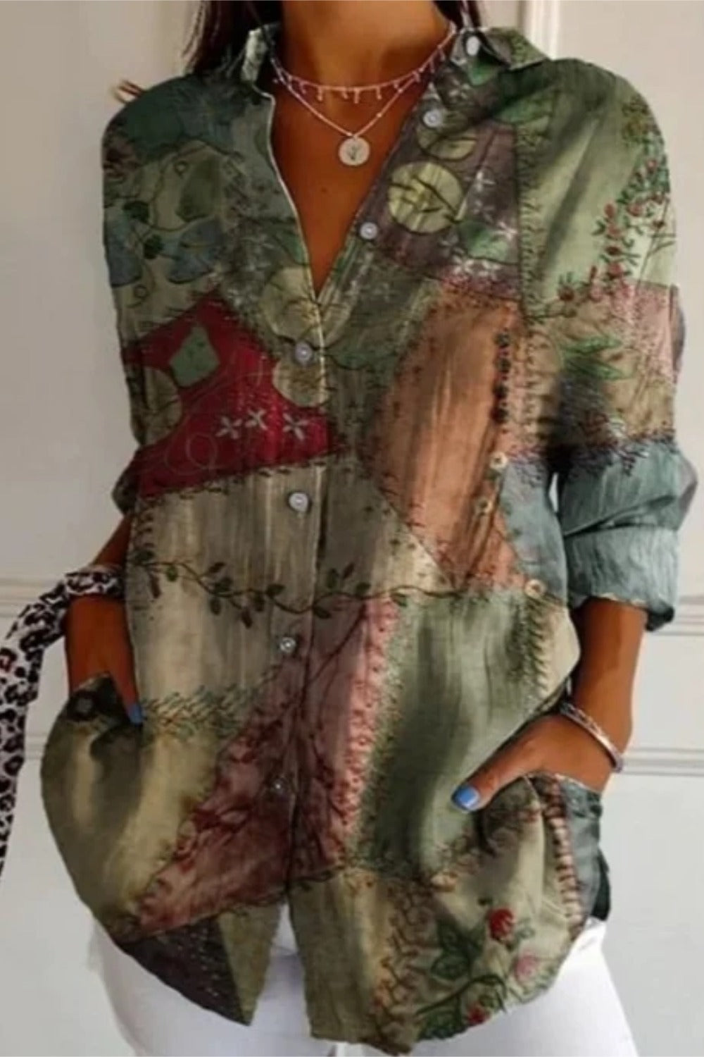 Multicolour floral button-up long sleeve tunic blouse with classic shirt collar