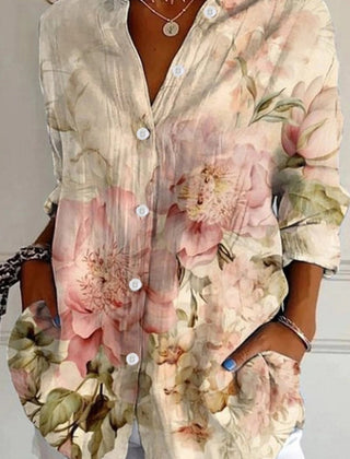 Womens floral long sleeve button-up tunic shirt with classic collar in a loose fit