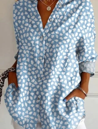 Floral print long sleeve button-up tunic blouse with shirt collar in a loose fit