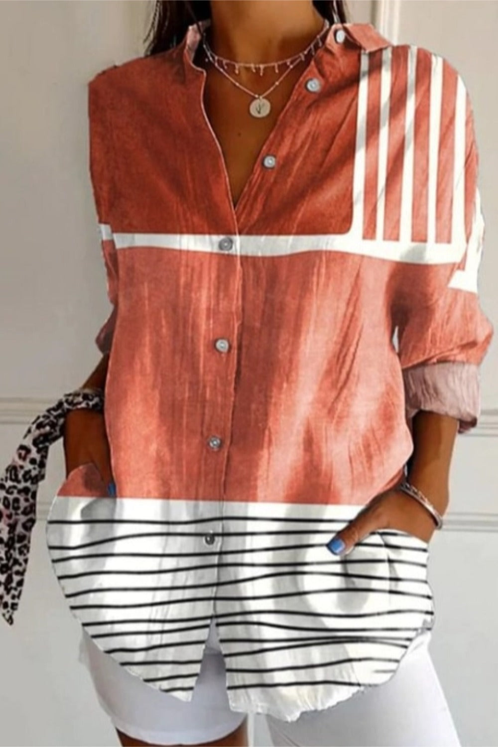 Multicolour floral long sleeve button-up tunic blouse with shirt collar in a relaxed fit