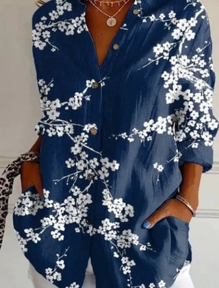 Multicolor floral long sleeve button-up tunic blouse with shirt collar and loose fit