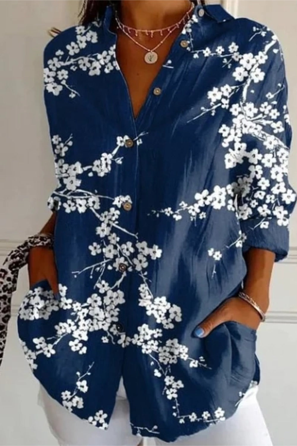 Multicolor floral long sleeve button-up tunic blouse with shirt collar and loose fit