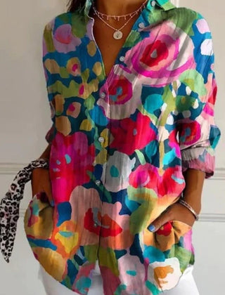 Multicolor floral button-up long sleeve tunic blouse with shirt collar in a loose fit