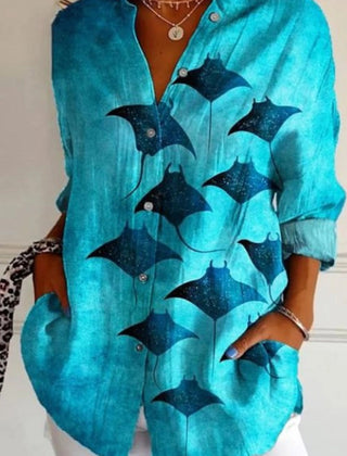 Floral long sleeve button-up tunic blouse with shirt collar in a loose fit