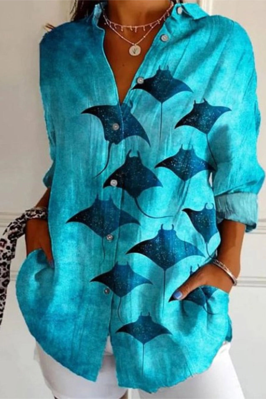 Floral long sleeve button-up tunic blouse with shirt collar in a loose fit