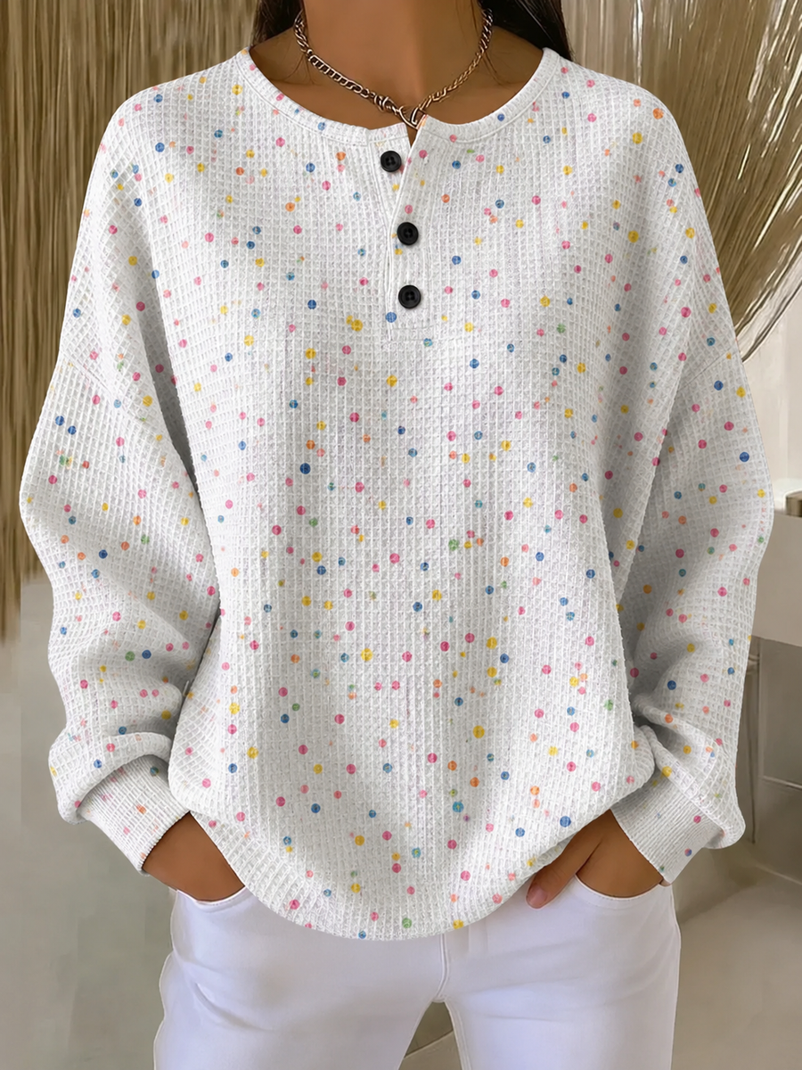 Colourful dot print waffle-knit loose sweatshirt for women