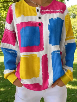 Multicolour colour-block waffle-knit henley sweatshirt with a relaxed casual fit