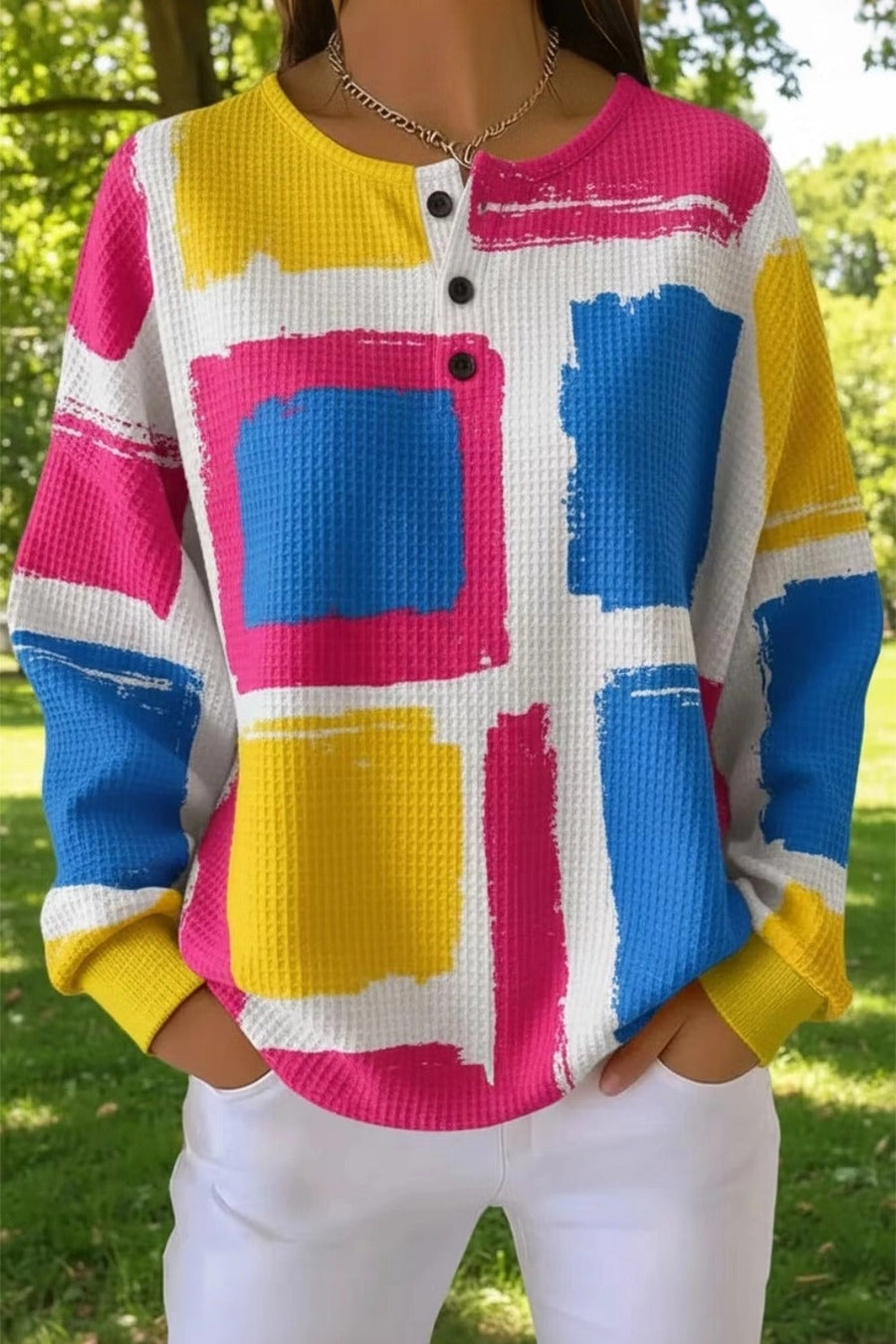 Multicolour colour-block waffle-knit henley sweatshirt with a relaxed casual fit
