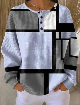 Women's waffle-knit sweatshirt with geometric art print in a relaxed fit