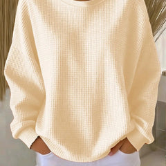 Women's plain crew neck waffle-textured sweatshirt in a relaxed casual fit