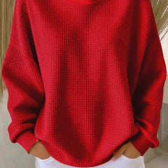Women's plain crew neck waffle-textured sweatshirt in a relaxed casual fit