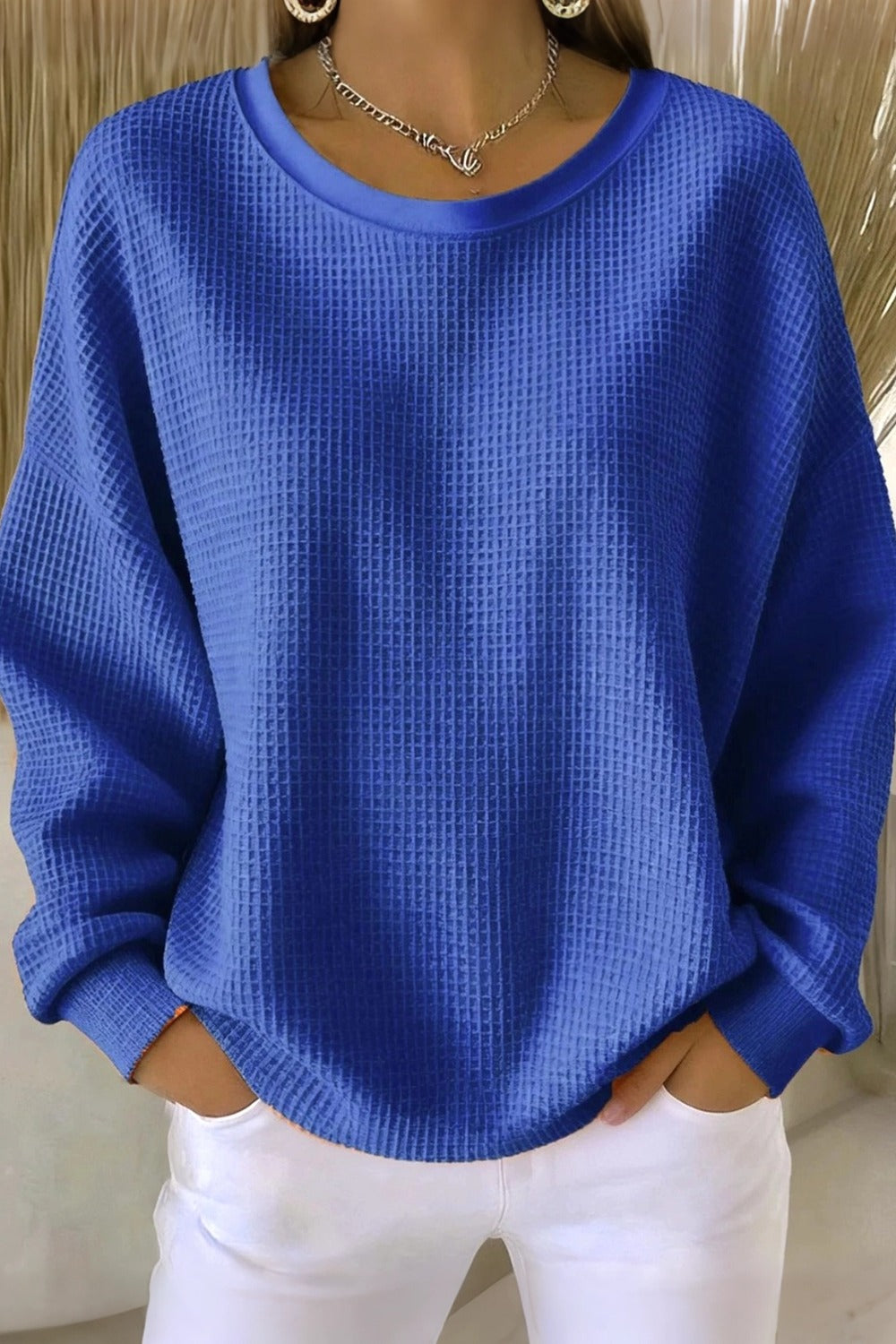 Aida | Casual Plain Crew Neck Waffle Sweatshirt