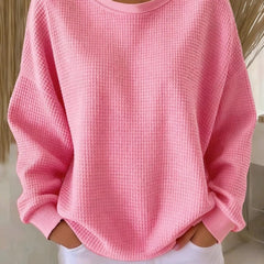 Women's plain crew neck waffle-textured sweatshirt in a relaxed casual fit