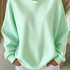 Women's plain crew neck waffle-textured sweatshirt in a relaxed casual fit