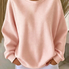 Women's plain crew neck waffle-textured sweatshirt in a relaxed casual fit
