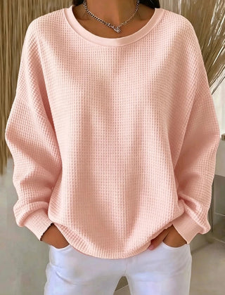 Women's plain crew neck waffle-textured sweatshirt in a relaxed casual fit