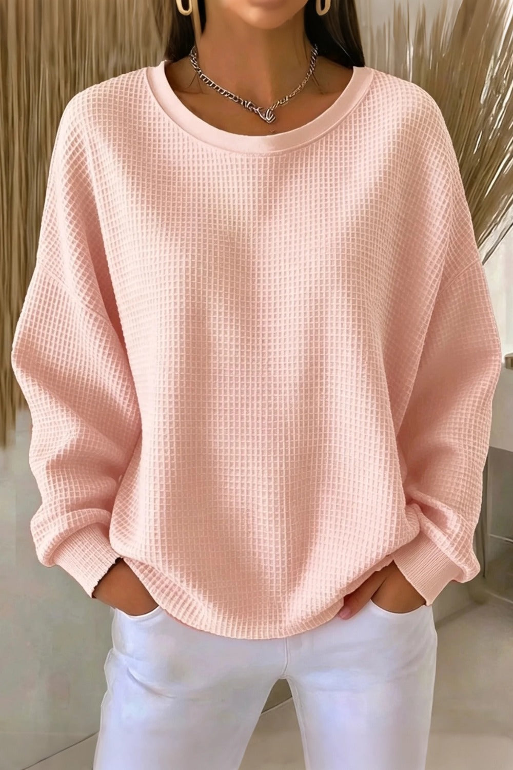 Women's plain crew neck waffle-textured sweatshirt in a relaxed casual fit