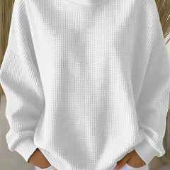 Women's plain crew neck waffle-textured sweatshirt in a relaxed casual fit