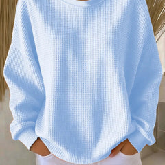 Women's plain crew neck waffle-textured sweatshirt in a relaxed casual fit
