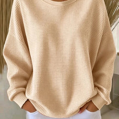 Women's plain crew neck waffle-textured sweatshirt in a relaxed casual fit
