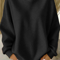 Women's plain crew neck waffle-textured sweatshirt in a relaxed casual fit