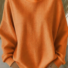 Women's plain crew neck waffle-textured sweatshirt in a relaxed casual fit