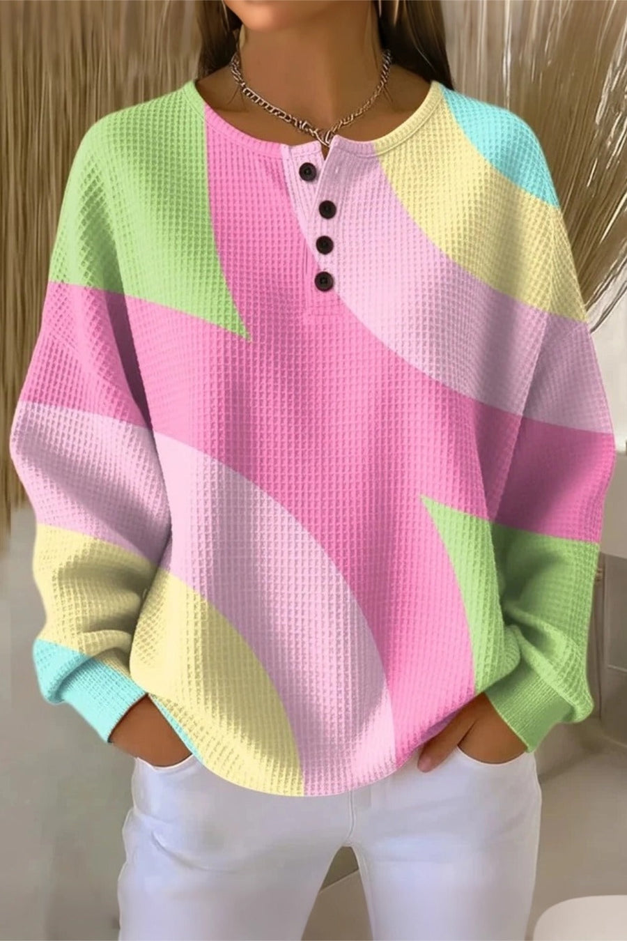 Women's crew neck abstract waffle-knit sweatshirt with a relaxed fit
