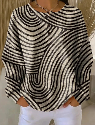 Women's crew neck waffle sweatshirt with abstract print in a relaxed fit