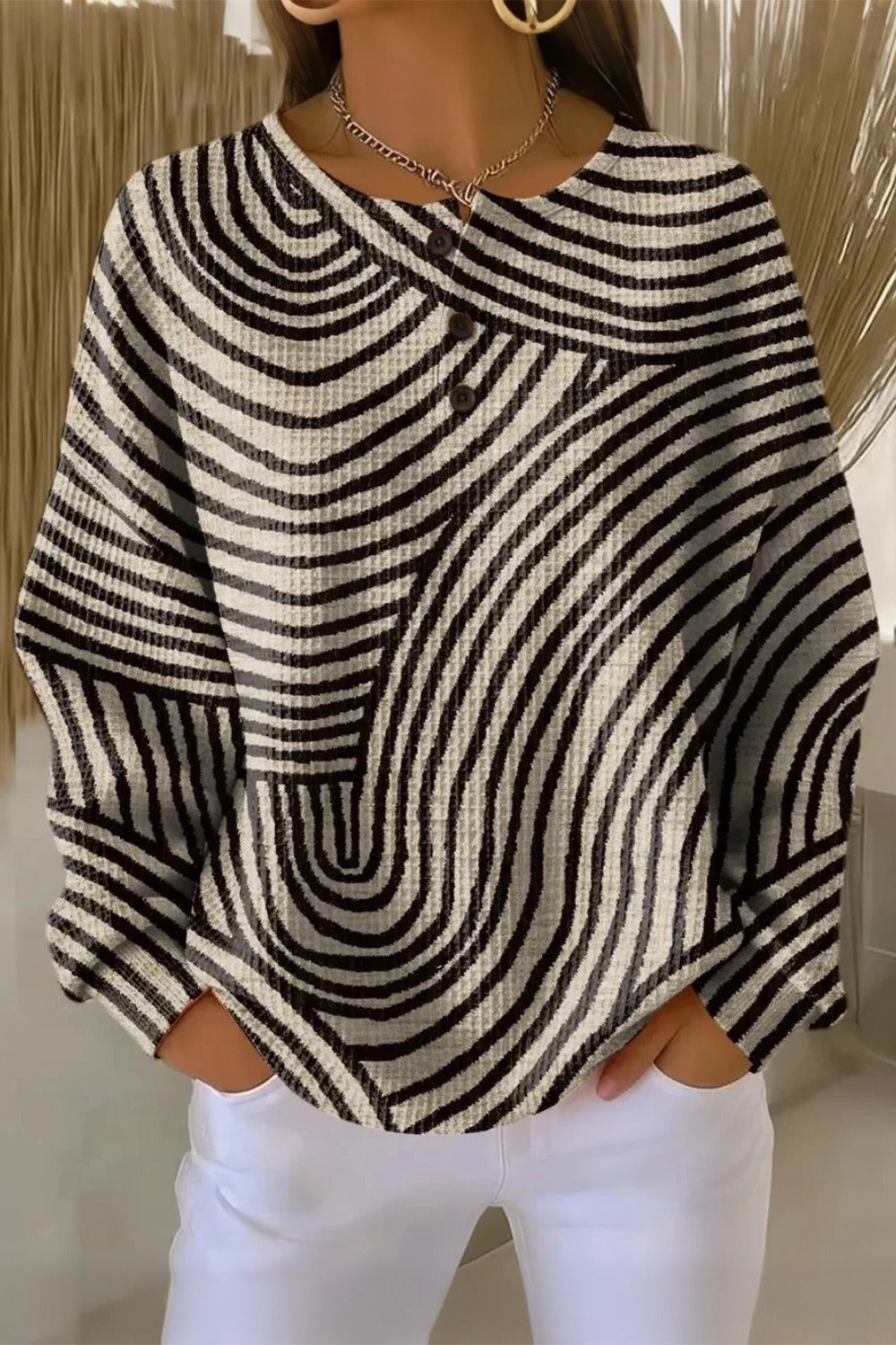 Women's crew neck waffle sweatshirt with abstract print in a relaxed fit