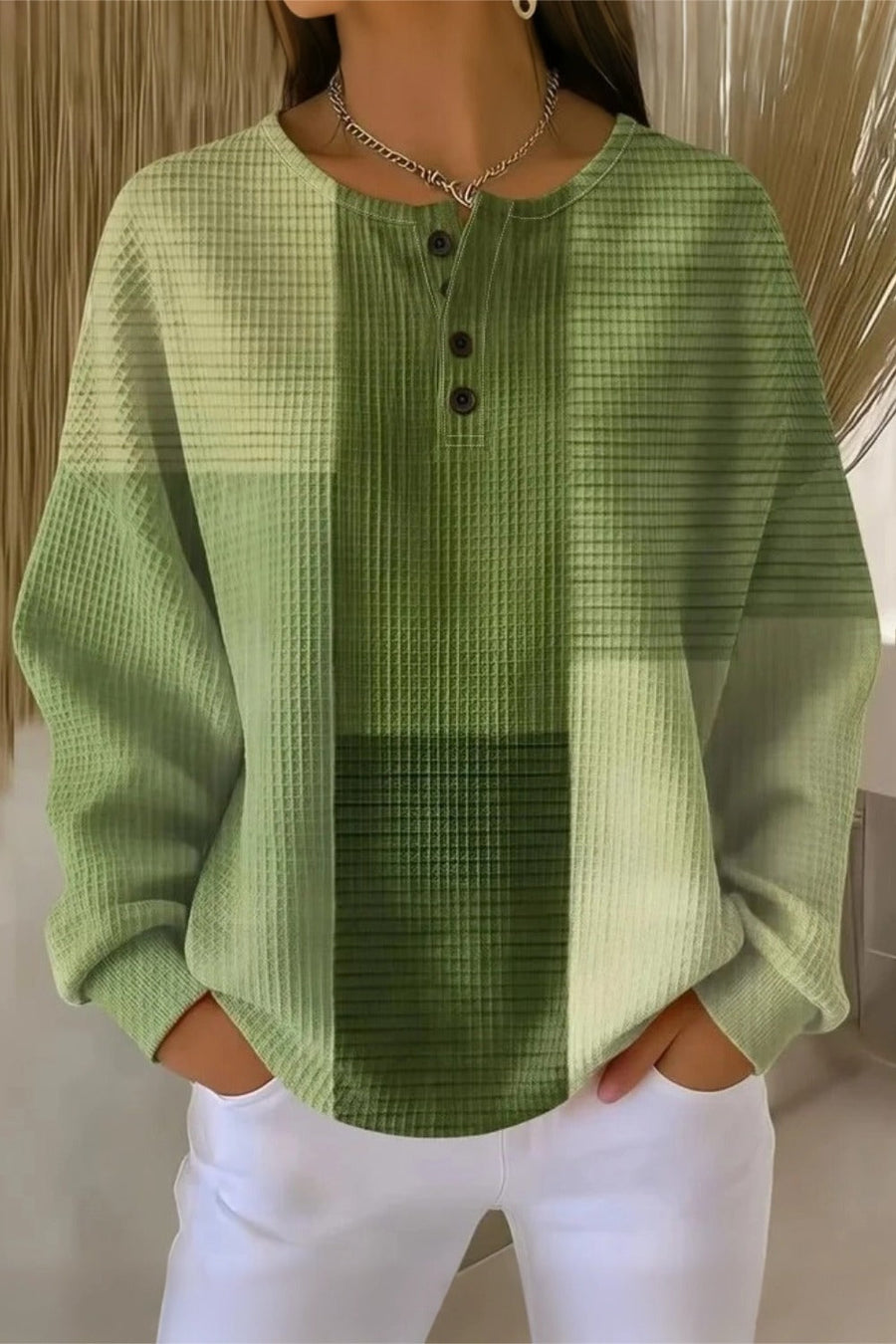 Women's crew neck waffle sweatshirt with abstract print in a relaxed casual fit