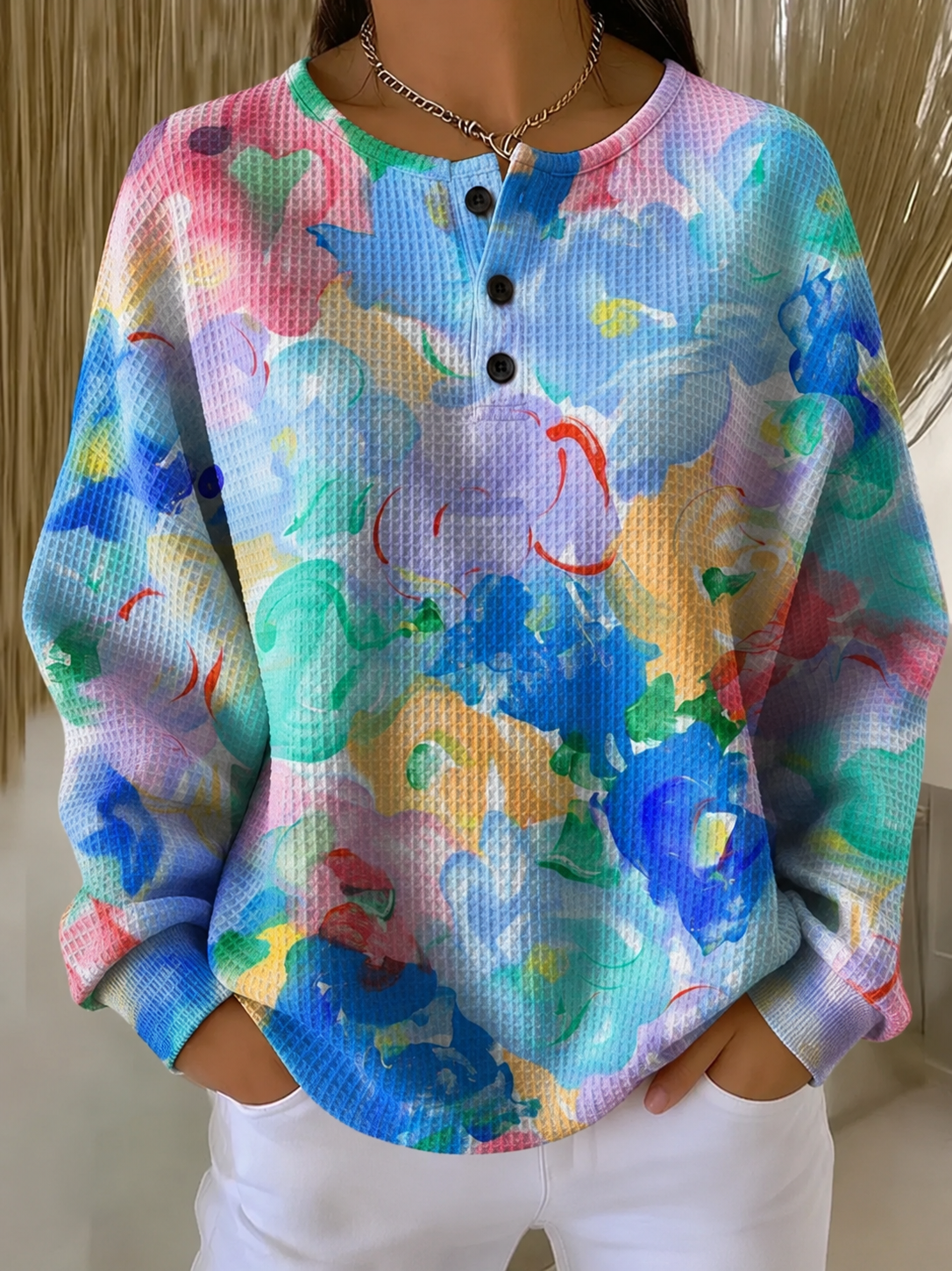 Women's retro multicolour gradient abstract print waffle-knit casual sweatshirt