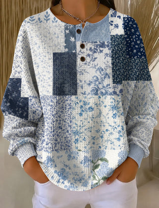 Women's patchwork small floral print waffle cotton sweatshirt in a relaxed fit