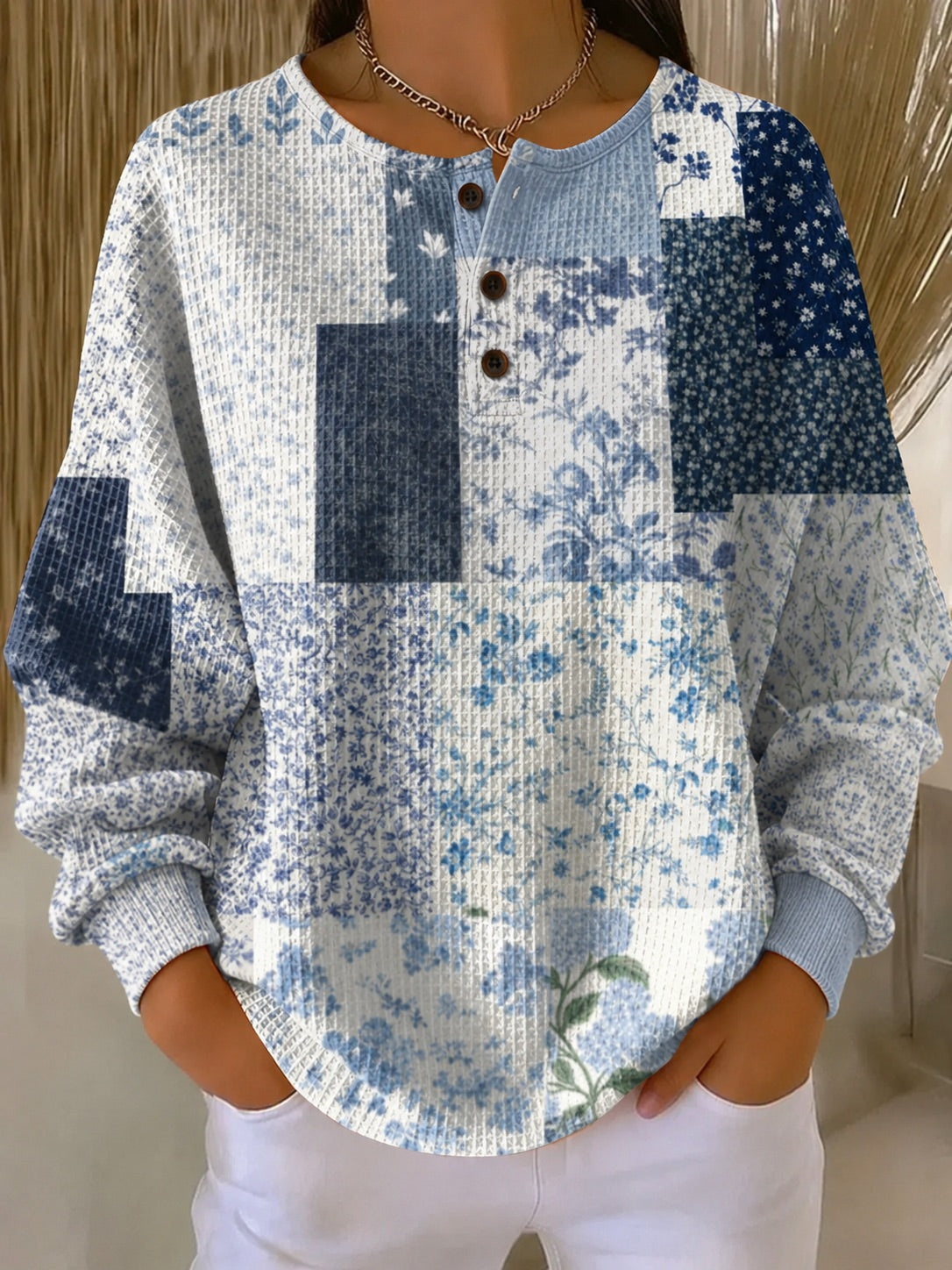 Women's patchwork small floral print waffle cotton sweatshirt in a relaxed fit