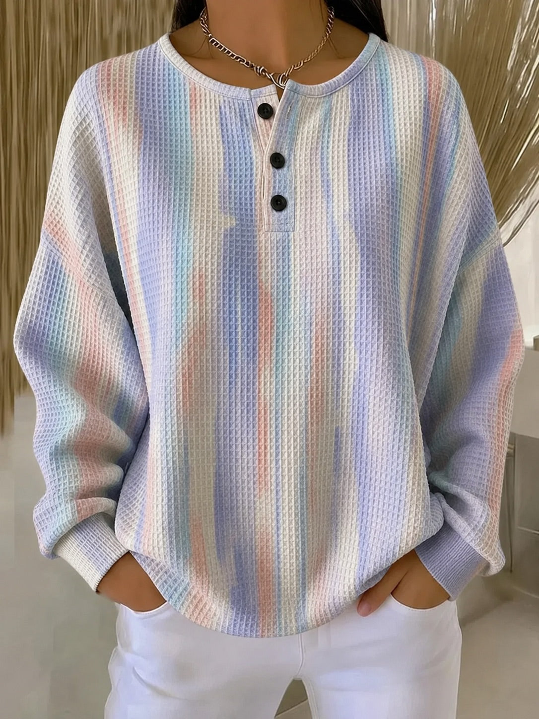Women's pastel tie-dye stripe waffle cotton sweatshirt with artful print in a relaxed fit